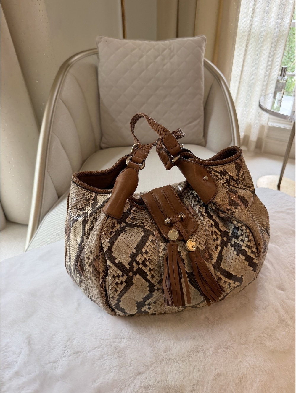 Gucci Python Leather Large Hobo Shoulder Bag with Braided Handles